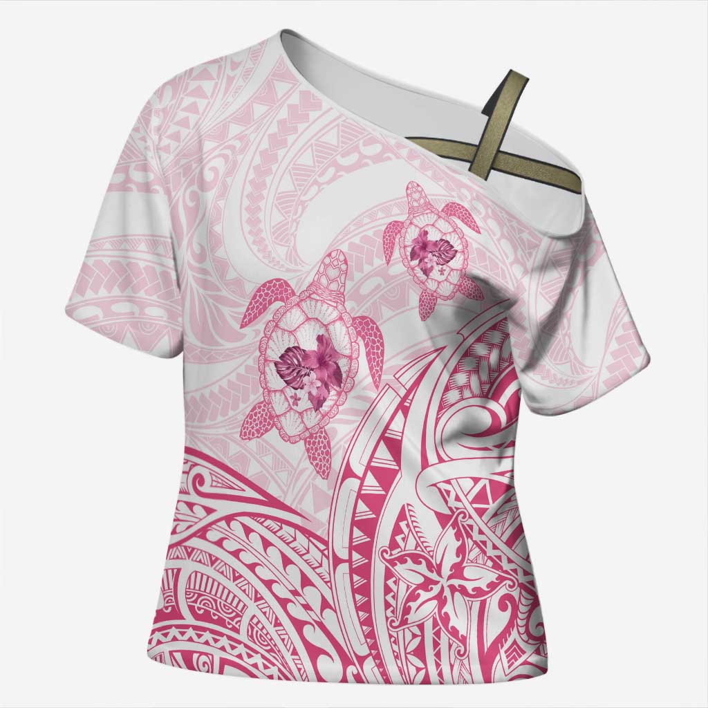 Pink White Polynesia Floral Sea Turtle Cross Shoulder Shirt - Polynesian Pride