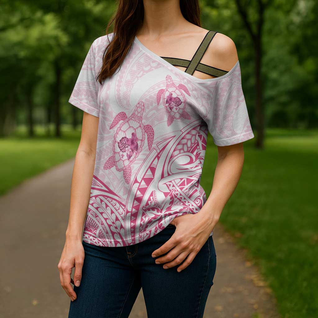Pink White Polynesia Floral Sea Turtle Cross Shoulder Shirt - Polynesian Pride