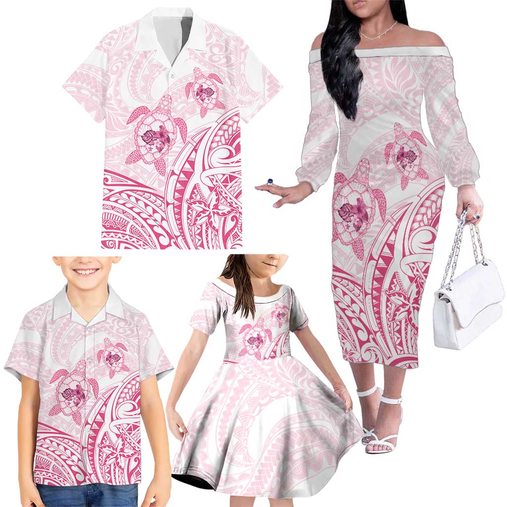 Pink White Polynesia Floral Sea Turtle Family Matching Off The Shoulder Long Sleeve Dress and Hawaiian Shirt - Polynesian Pride