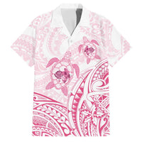 Pink White Polynesia Floral Sea Turtle Family Matching Off The Shoulder Long Sleeve Dress and Hawaiian Shirt - Polynesian Pride