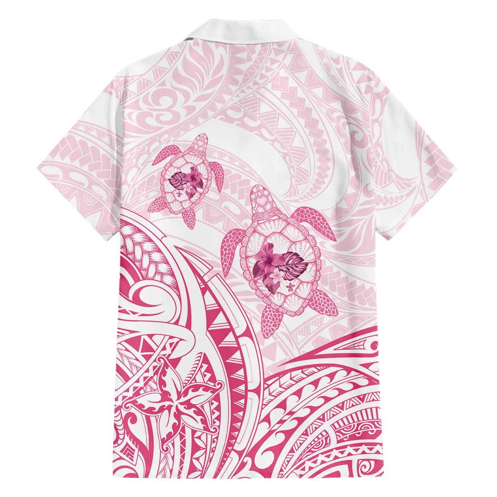Pink White Polynesia Floral Sea Turtle Family Matching Off The Shoulder Long Sleeve Dress and Hawaiian Shirt - Polynesian Pride