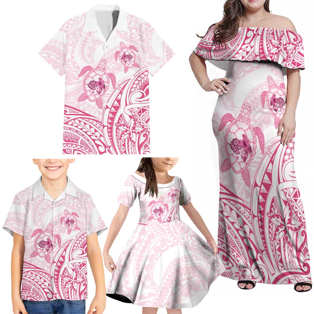 Pink White Polynesia Floral Sea Turtle Family Matching Off Shoulder Maxi Dress and Hawaiian Shirt - Polynesian Pride