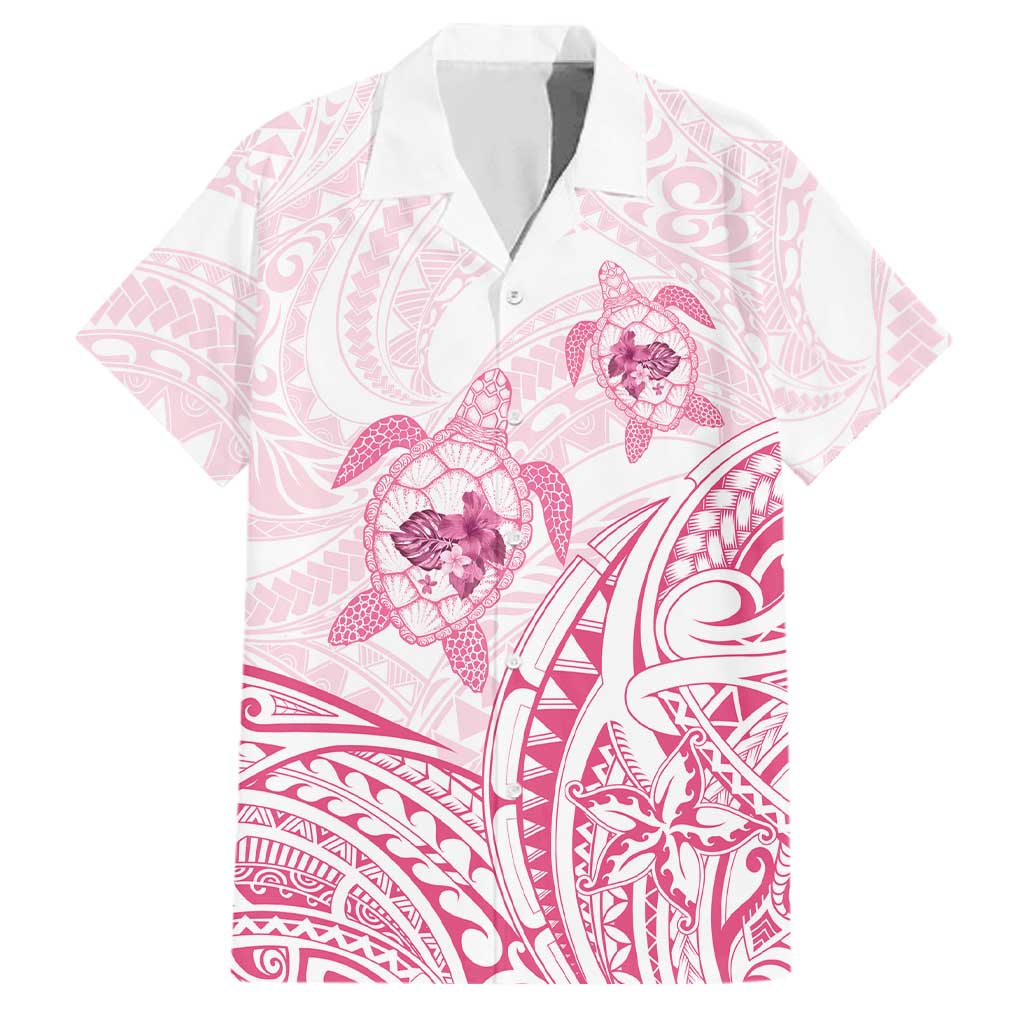 Pink White Polynesia Floral Sea Turtle Family Matching Off Shoulder Short Dress and Hawaiian Shirt - Polynesian Pride