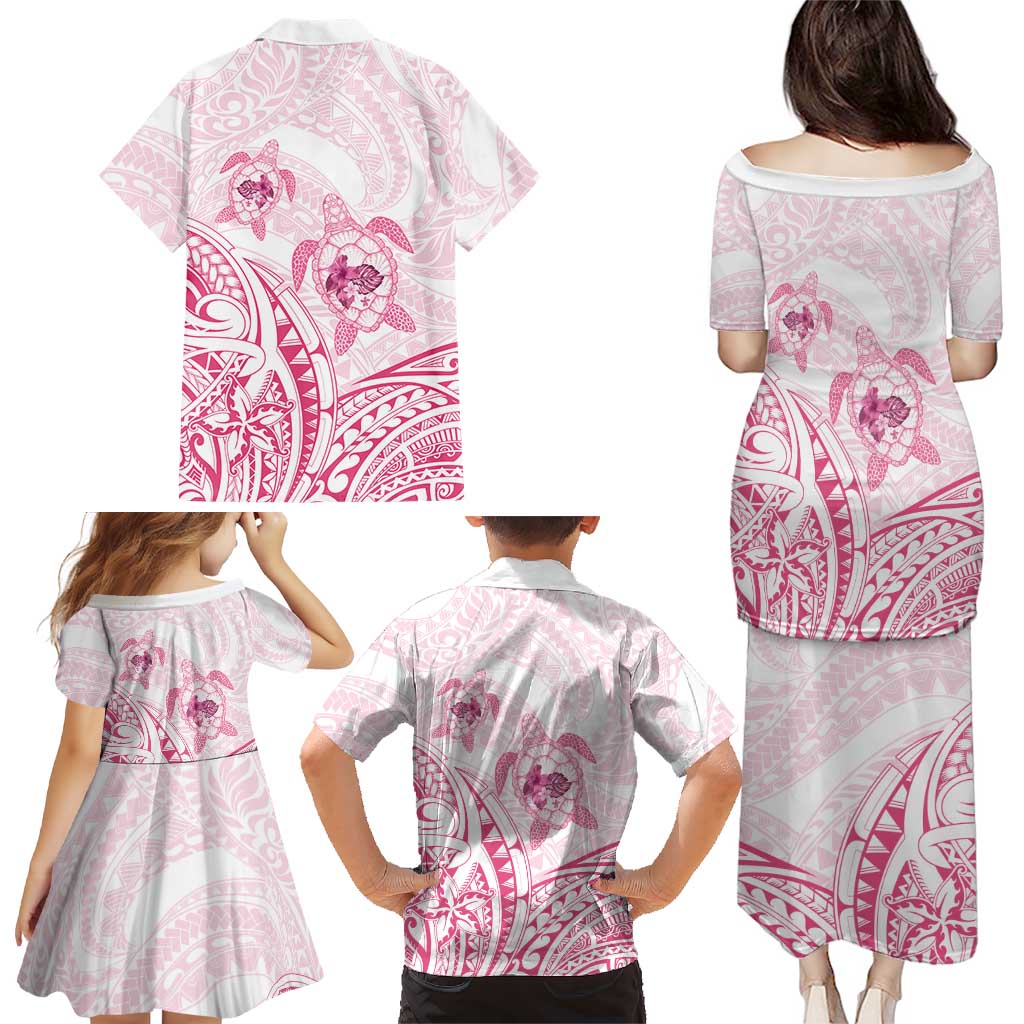 Pink White Polynesia Floral Sea Turtle Family Matching Puletasi and Hawaiian Shirt - Polynesian Pride