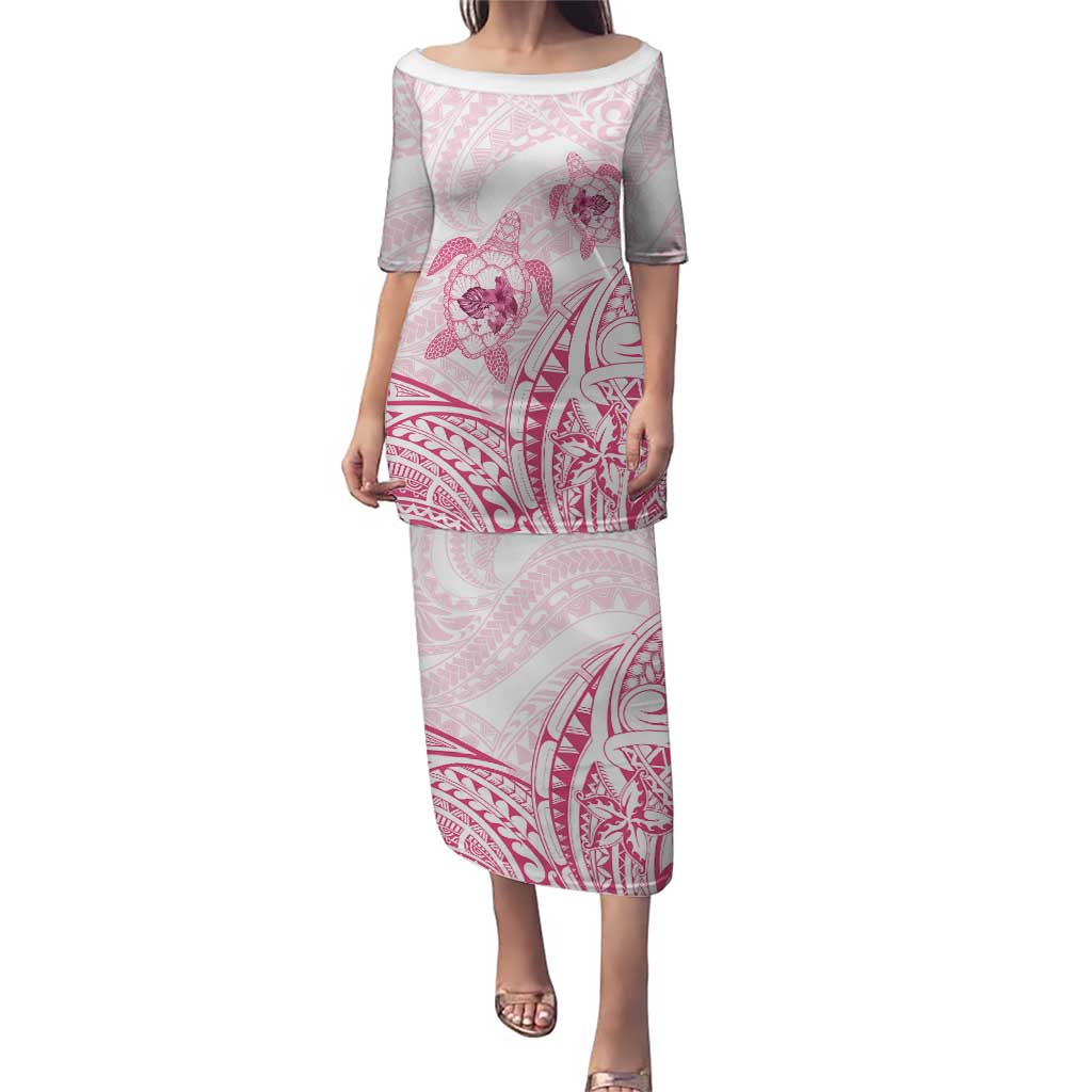 Pink White Polynesia Floral Sea Turtle Family Matching Puletasi and Hawaiian Shirt - Polynesian Pride