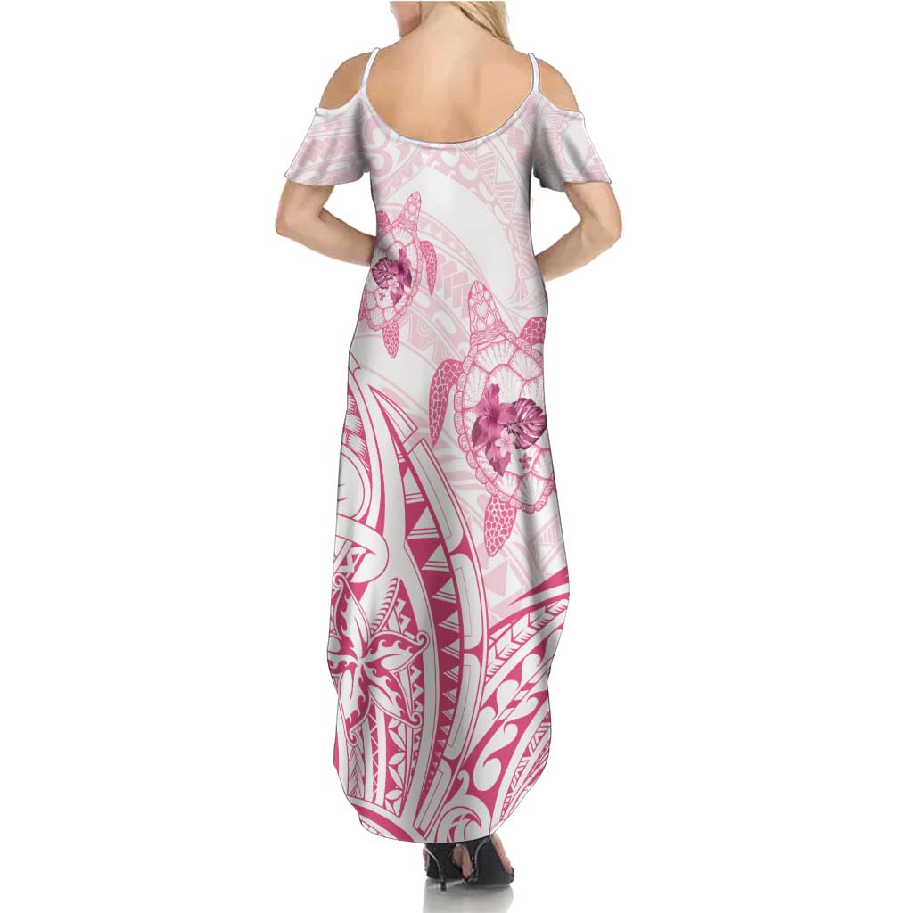 Pink White Polynesia Floral Sea Turtle Family Matching Summer Maxi Dress and Hawaiian Shirt - Polynesian Pride