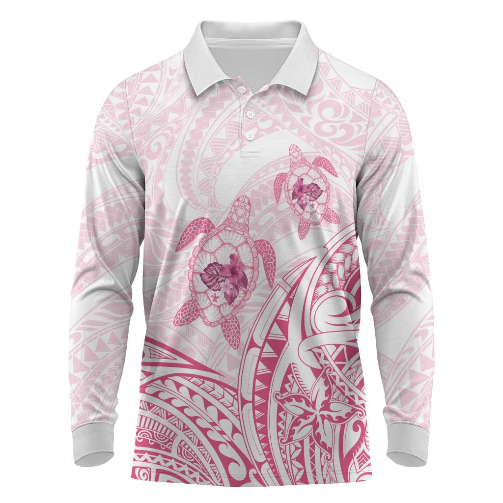 Pink White Polynesia Floral Sea Turtle Long Sleeve Polo Shirt LT14 White - Polynesian Pride
