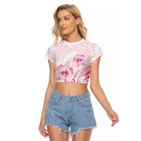 Pink White Polynesia Floral Sea Turtle Raglan Cropped T Shirt - Polynesian Pride
