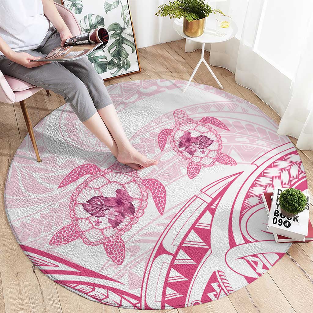 Pink White Polynesia Floral Sea Turtle Round Carpet - Polynesian Pride