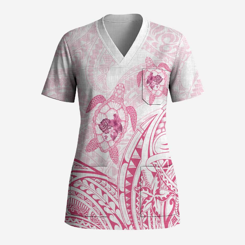 Pink White Polynesia Floral Sea Turtle Scrub Top - Polynesian Pride