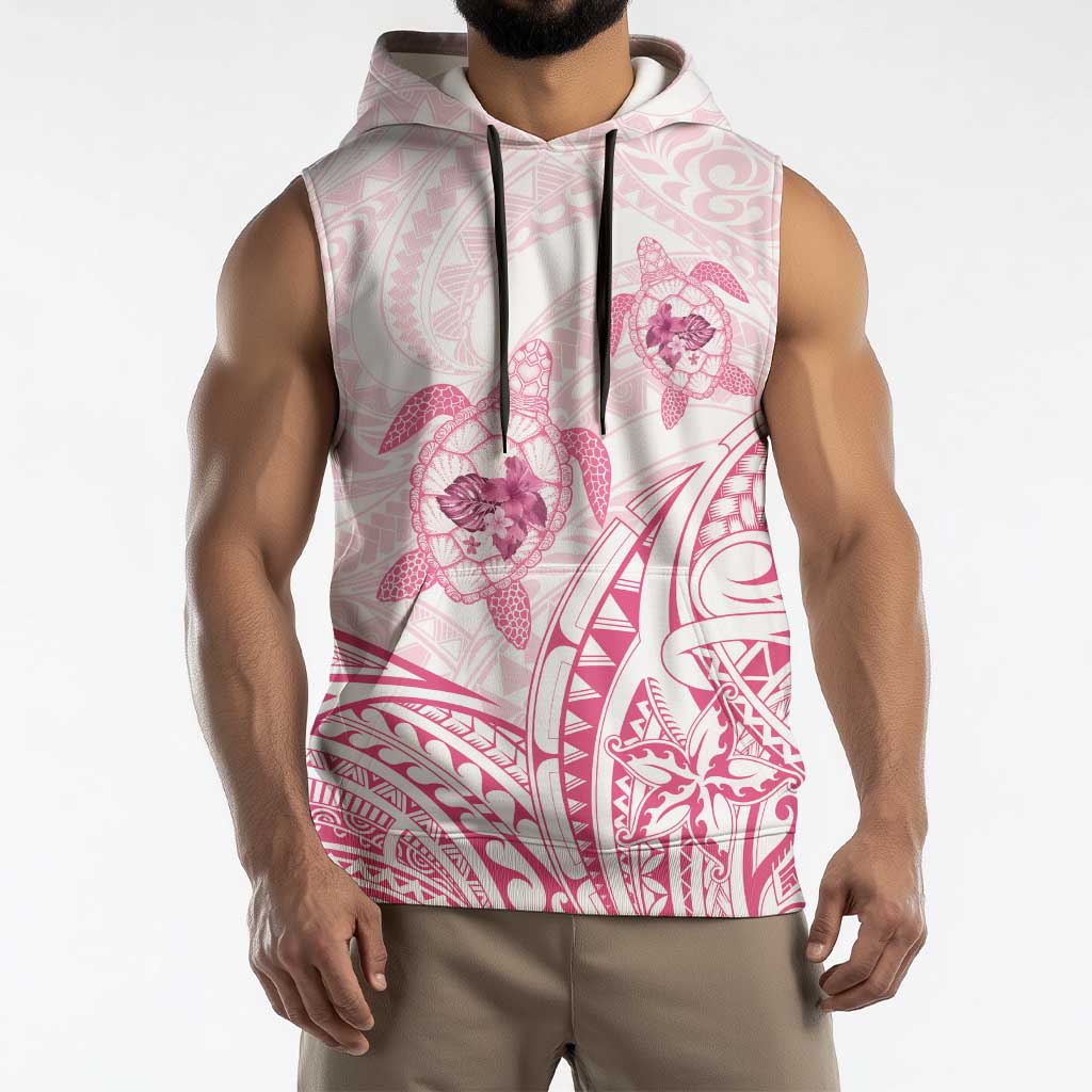 Pink White Polynesia Floral Sea Turtle Sleeveless Hoodie - Polynesian Pride