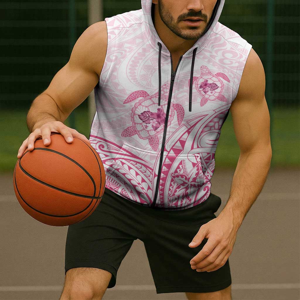 Pink White Polynesia Floral Sea Turtle Sleeveless Zip Hoodie - Polynesian Pride