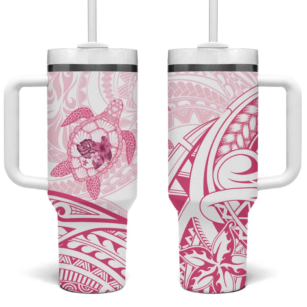 Pink White Polynesia Floral Sea Turtle Tumbler With Handle - Polynesian Pride