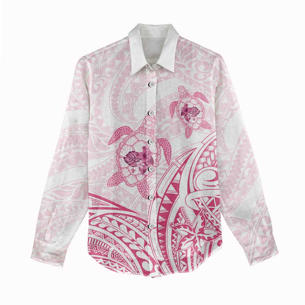 Pink White Polynesia Floral Sea Turtle Women Casual Shirt - Polynesian Pride