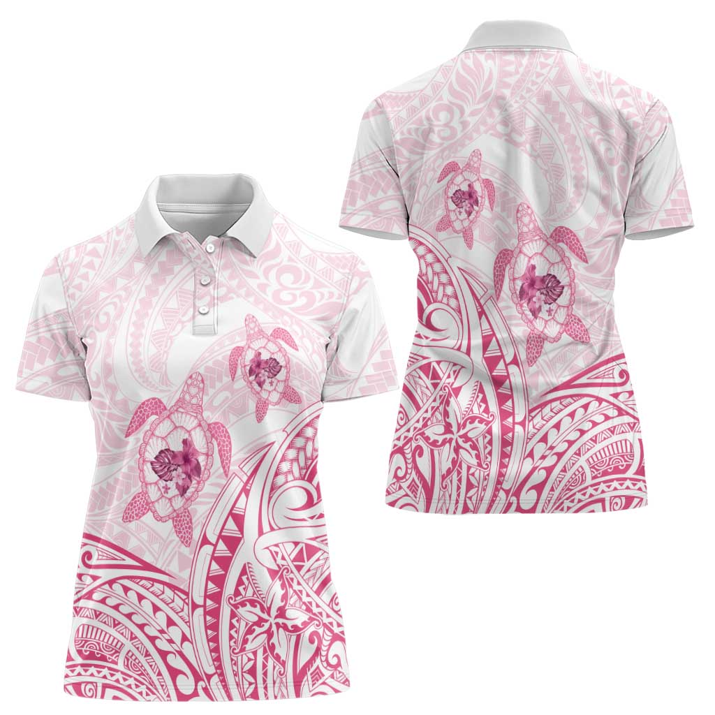 Pink White Polynesia Floral Sea Turtle Women Polo Shirt - Polynesian Pride