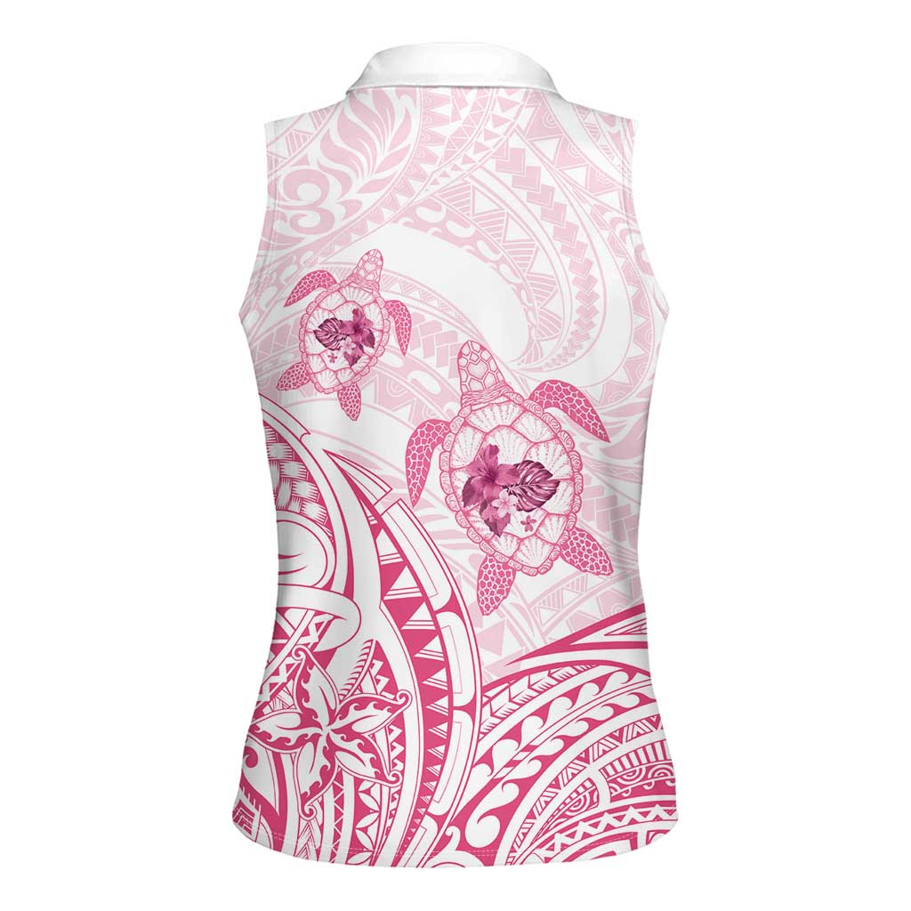 Pink White Polynesia Floral Sea Turtle Women Sleeveless Polo Shirt - Polynesian Pride