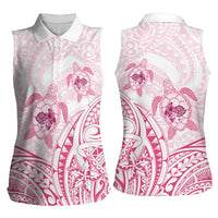 Pink White Polynesia Floral Sea Turtle Women Sleeveless Polo Shirt - Polynesian Pride