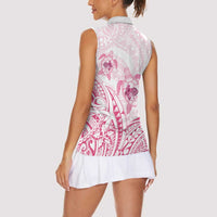 Pink White Polynesia Floral Sea Turtle Women Sleeveless Polo Shirt - Polynesian Pride