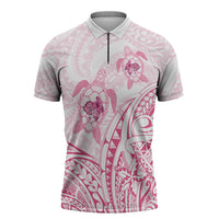Pink White Polynesia Floral Sea Turtle Zipper Polo Shirt - Polynesian Pride