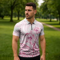 Pink White Polynesia Floral Sea Turtle Zipper Polo Shirt - Polynesian Pride