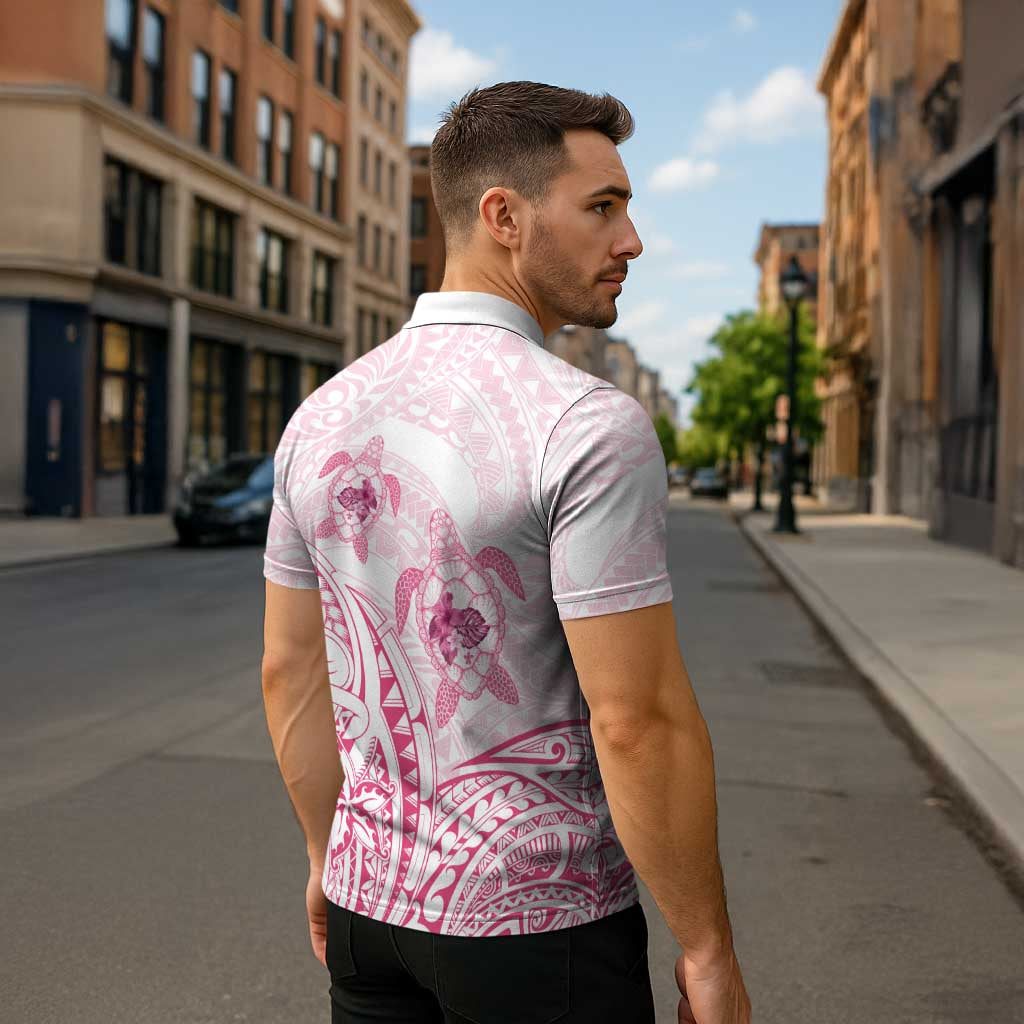 Pink White Polynesia Floral Sea Turtle Zipper Polo Shirt - Polynesian Pride