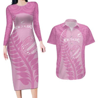 Custom New Zealand Silver Fern Rugby 2025 Couples Matching Long Sleeve Bodycon Dress and Hawaiian Shirt All Black Aotearoa Maori Pink LT14 Pink - Polynesian Pride