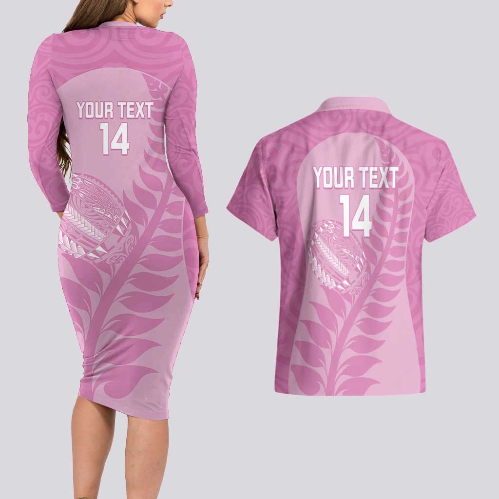 Custom New Zealand Silver Fern Rugby 2025 Couples Matching Long Sleeve Bodycon Dress and Hawaiian Shirt All Black Aotearoa Maori Pink LT14 - Polynesian Pride