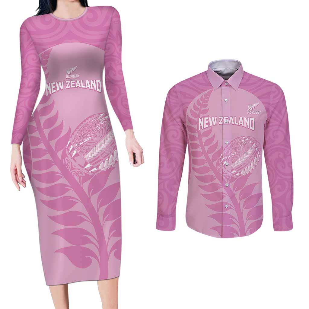 Custom New Zealand Silver Fern Rugby 2025 Couples Matching Long Sleeve Bodycon Dress and Long Sleeve Button Shirt All Black Aotearoa Maori Pink LT14 Pink - Polynesian Pride