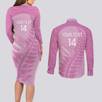 Custom New Zealand Silver Fern Rugby 2025 Couples Matching Long Sleeve Bodycon Dress and Long Sleeve Button Shirt All Black Aotearoa Maori Pink LT14 - Polynesian Pride