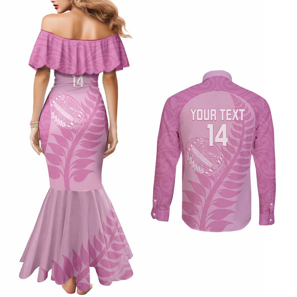 Custom New Zealand Silver Fern Rugby 2025 Couples Matching Mermaid Dress and Long Sleeve Button Shirt All Black Aotearoa Maori Pink LT14 - Polynesian Pride
