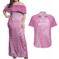 Custom New Zealand Silver Fern Rugby 2025 Couples Matching Off Shoulder Maxi Dress and Hawaiian Shirt All Black Aotearoa Maori Pink LT14 Pink - Polynesian Pride