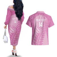 Custom New Zealand Silver Fern Rugby 2025 Couples Matching Off The Shoulder Long Sleeve Dress and Hawaiian Shirt All Black Aotearoa Maori Pink LT14 - Polynesian Pride
