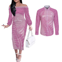 Custom New Zealand Silver Fern Rugby 2025 Couples Matching Off The Shoulder Long Sleeve Dress and Long Sleeve Button Shirt All Black Aotearoa Maori Pink LT14 Pink - Polynesian Pride