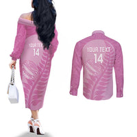 Custom New Zealand Silver Fern Rugby 2025 Couples Matching Off The Shoulder Long Sleeve Dress and Long Sleeve Button Shirt All Black Aotearoa Maori Pink LT14 - Polynesian Pride