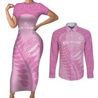 Custom New Zealand Silver Fern Rugby 2025 Couples Matching Short Sleeve Bodycon Dress and Long Sleeve Button Shirt All Black Aotearoa Maori Pink LT14 Pink - Polynesian Pride