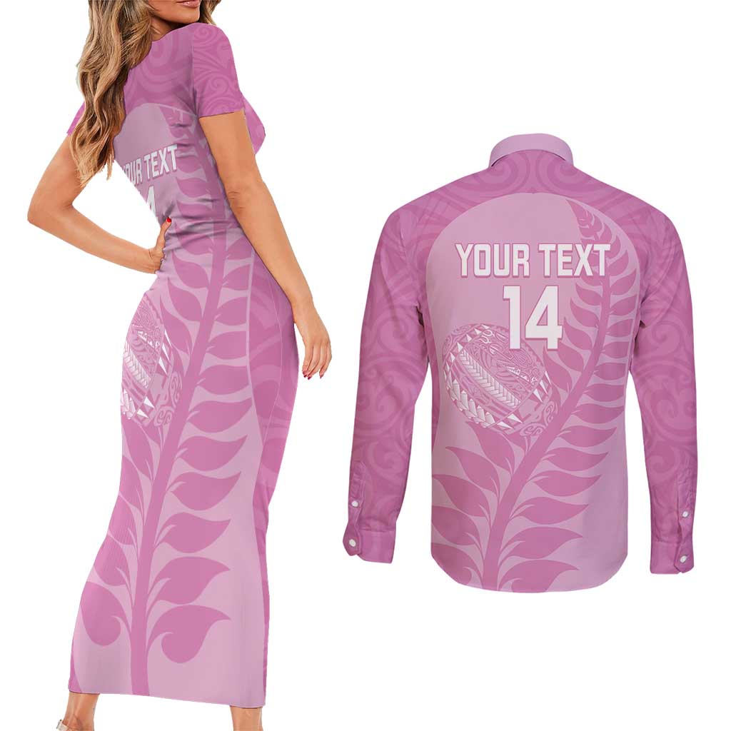 Custom New Zealand Silver Fern Rugby 2025 Couples Matching Short Sleeve Bodycon Dress and Long Sleeve Button Shirt All Black Aotearoa Maori Pink LT14 - Polynesian Pride