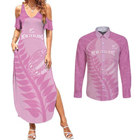 Custom New Zealand Silver Fern Rugby 2025 Couples Matching Summer Maxi Dress and Long Sleeve Button Shirt All Black Aotearoa Maori Pink LT14 Pink - Polynesian Pride