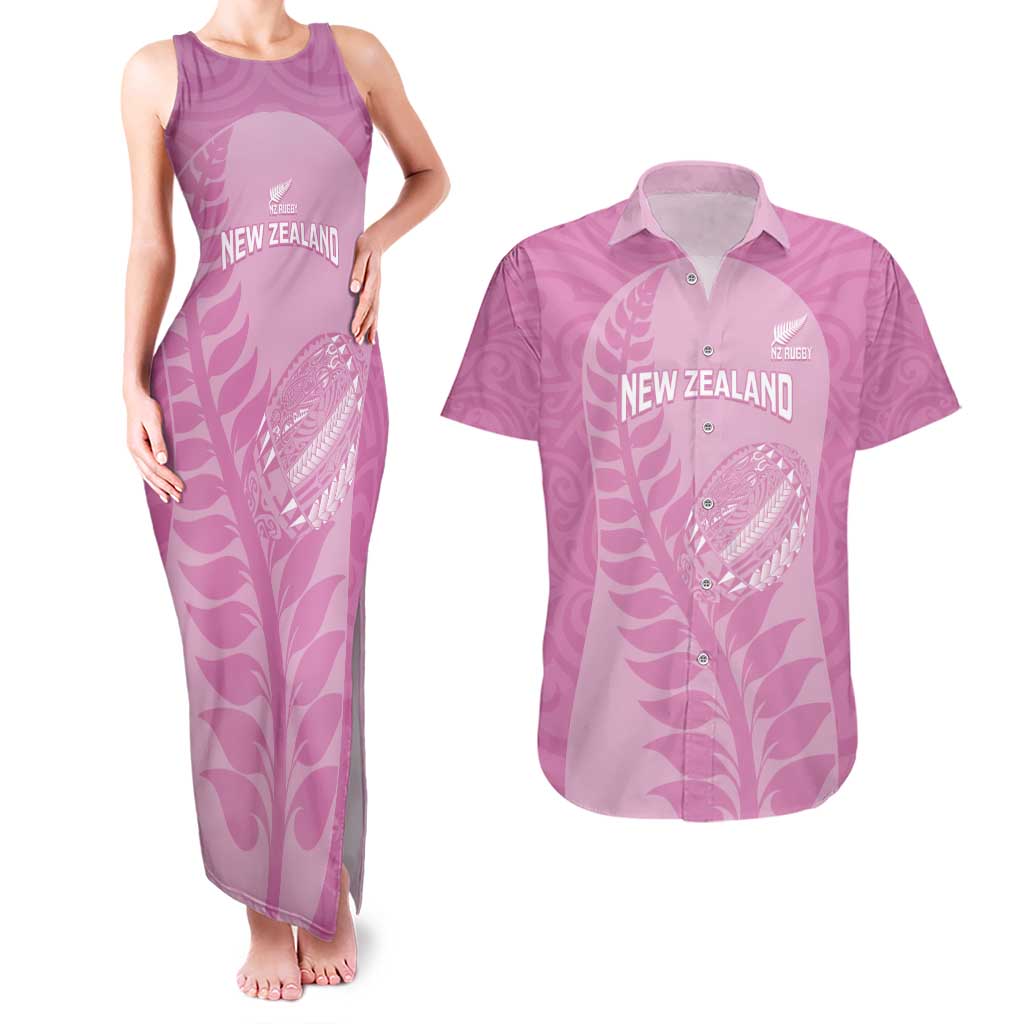 Custom New Zealand Silver Fern Rugby 2025 Couples Matching Tank Maxi Dress and Hawaiian Shirt All Black Aotearoa Maori Pink LT14 Pink - Polynesian Pride