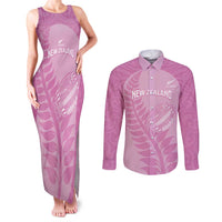 Custom New Zealand Silver Fern Rugby 2025 Couples Matching Tank Maxi Dress and Long Sleeve Button Shirt All Black Aotearoa Maori Pink LT14 Pink - Polynesian Pride