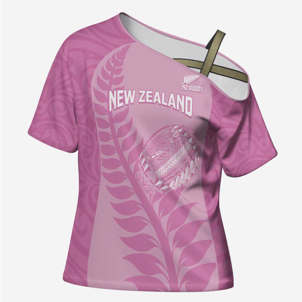 Custom New Zealand Silver Fern Rugby 2025 Cross Shoulder Shirt All Black Aotearoa Maori Pink LT14 Female Pink - Polynesian Pride