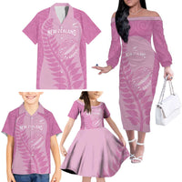 Custom New Zealand Silver Fern Rugby 2025 Family Matching Off The Shoulder Long Sleeve Dress and Hawaiian Shirt All Black Aotearoa Maori Pink LT14 - Polynesian Pride