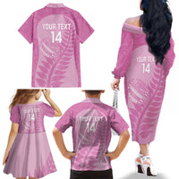 Custom New Zealand Silver Fern Rugby 2025 Family Matching Off The Shoulder Long Sleeve Dress and Hawaiian Shirt All Black Aotearoa Maori Pink LT14 - Polynesian Pride