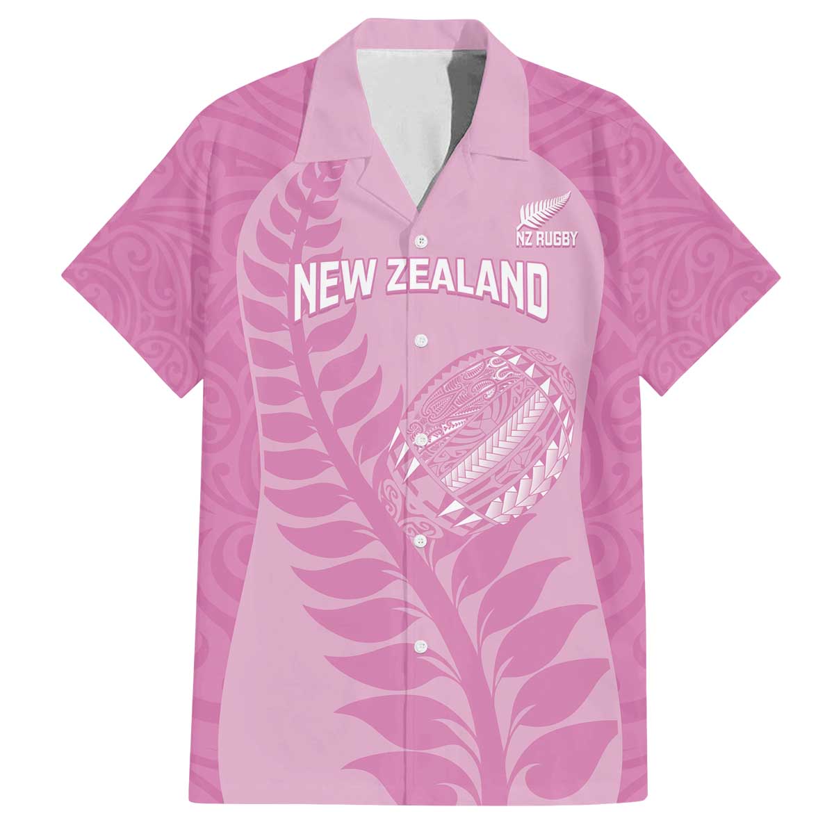 Custom New Zealand Silver Fern Rugby 2025 Family Matching Off The Shoulder Long Sleeve Dress and Hawaiian Shirt All Black Aotearoa Maori Pink LT14 Dad's Shirt - Short Sleeve Pink - Polynesian Pride