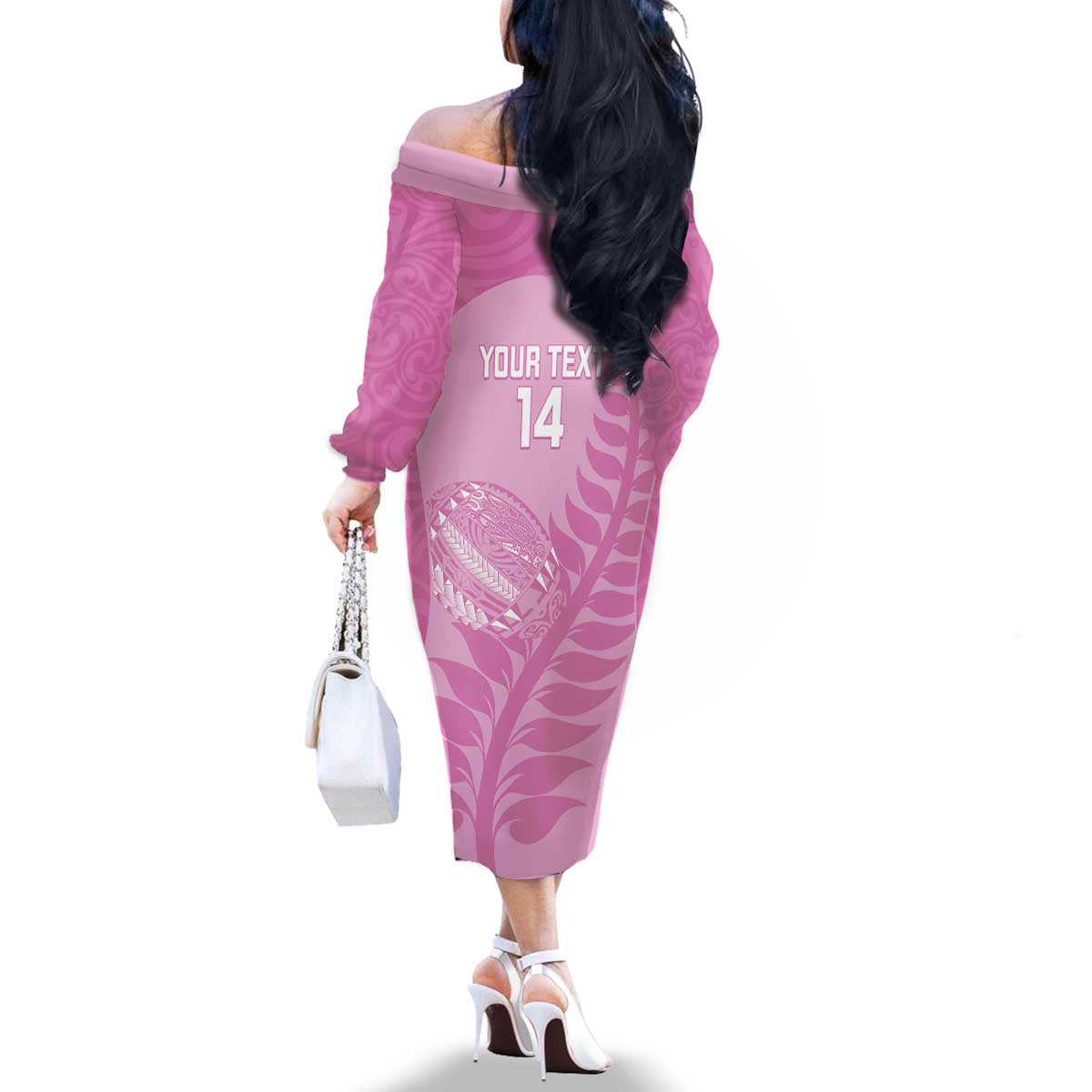 Custom New Zealand Silver Fern Rugby 2025 Family Matching Off The Shoulder Long Sleeve Dress and Hawaiian Shirt All Black Aotearoa Maori Pink LT14 - Polynesian Pride