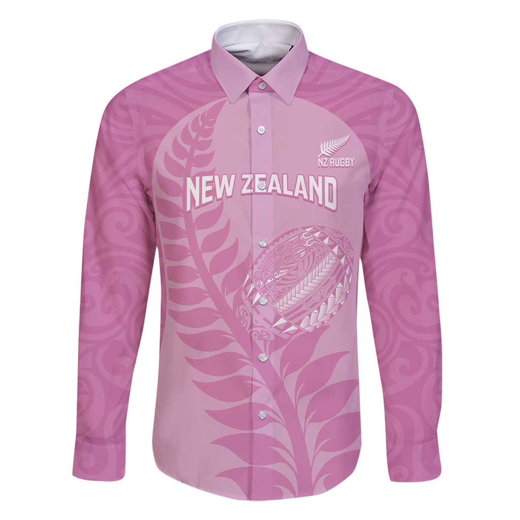 Custom New Zealand Silver Fern Rugby 2025 Family Matching Off Shoulder Maxi Dress and Hawaiian Shirt All Black Aotearoa Maori Pink LT14 Dad's Shirt - Long Sleeve Pink - Polynesian Pride