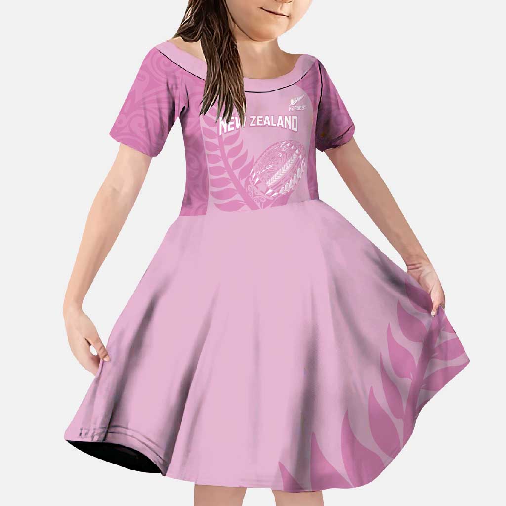 Custom New Zealand Silver Fern Rugby 2025 Family Matching Short Sleeve Bodycon Dress and Hawaiian Shirt All Black Aotearoa Maori Pink LT14 Daughter's Dress Pink - Polynesian Pride