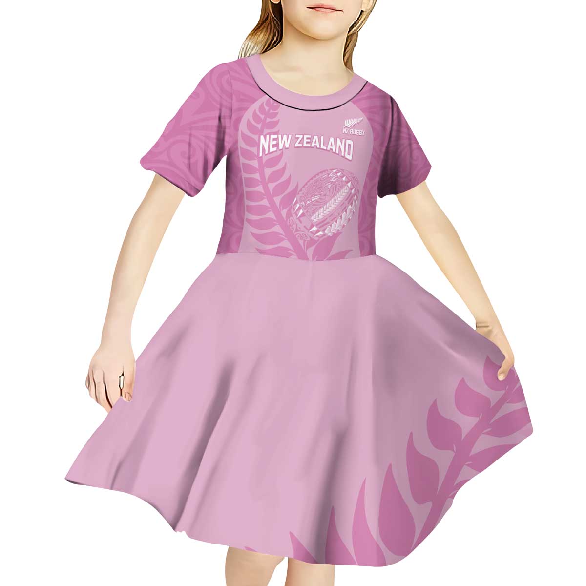 Custom New Zealand Silver Fern Rugby 2025 Kid Short Sleeve Dress All Black Aotearoa Maori Pink LT14 - Polynesian Pride