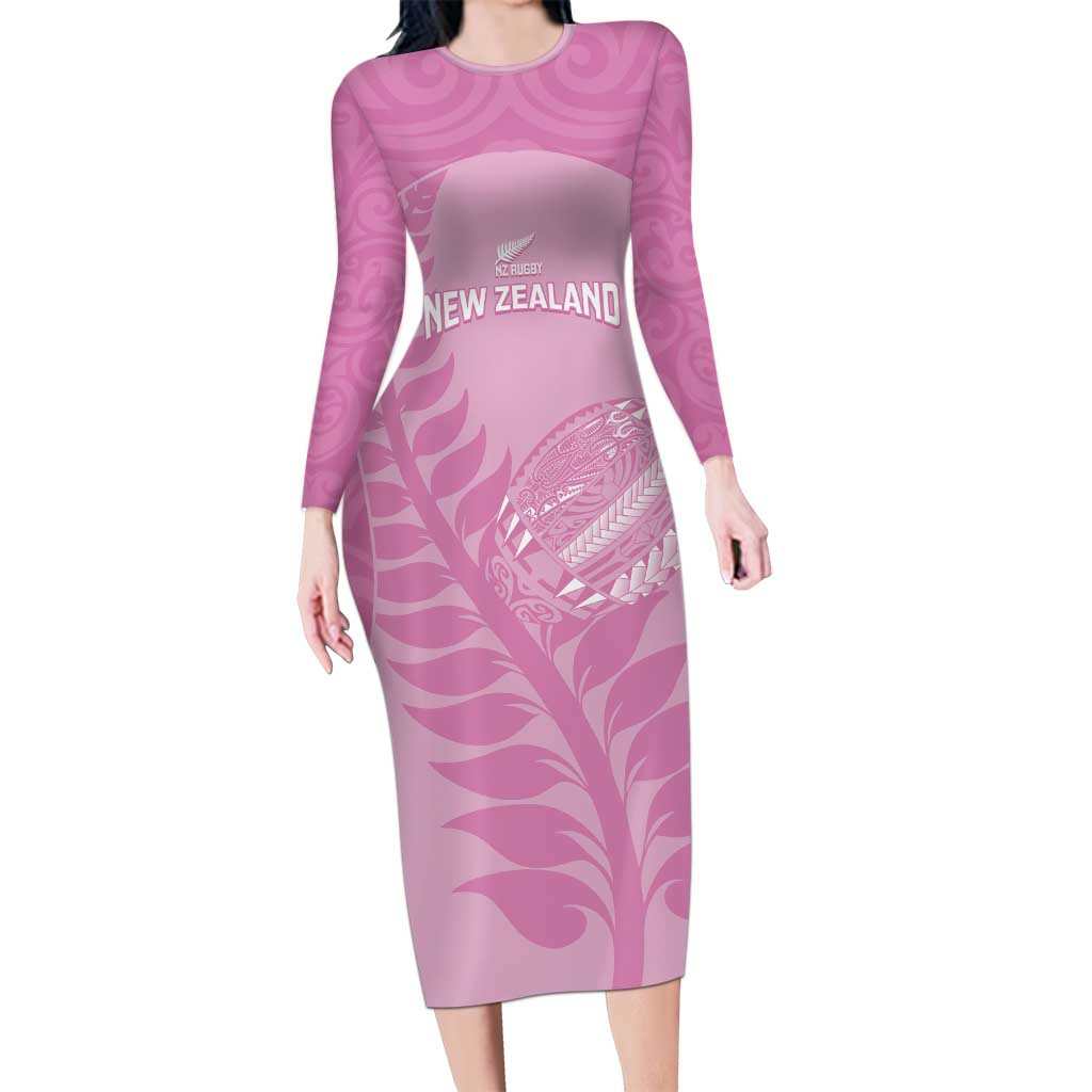 Custom New Zealand Silver Fern Rugby 2025 Long Sleeve Bodycon Dress All Black Aotearoa Maori Pink LT14 Long Dress Pink - Polynesian Pride