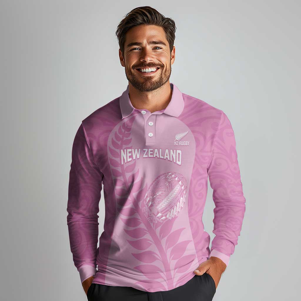 Custom New Zealand Silver Fern Rugby 2025 Long Sleeve Polo Shirt All Black Aotearoa Maori Pink LT14 - Polynesian Pride