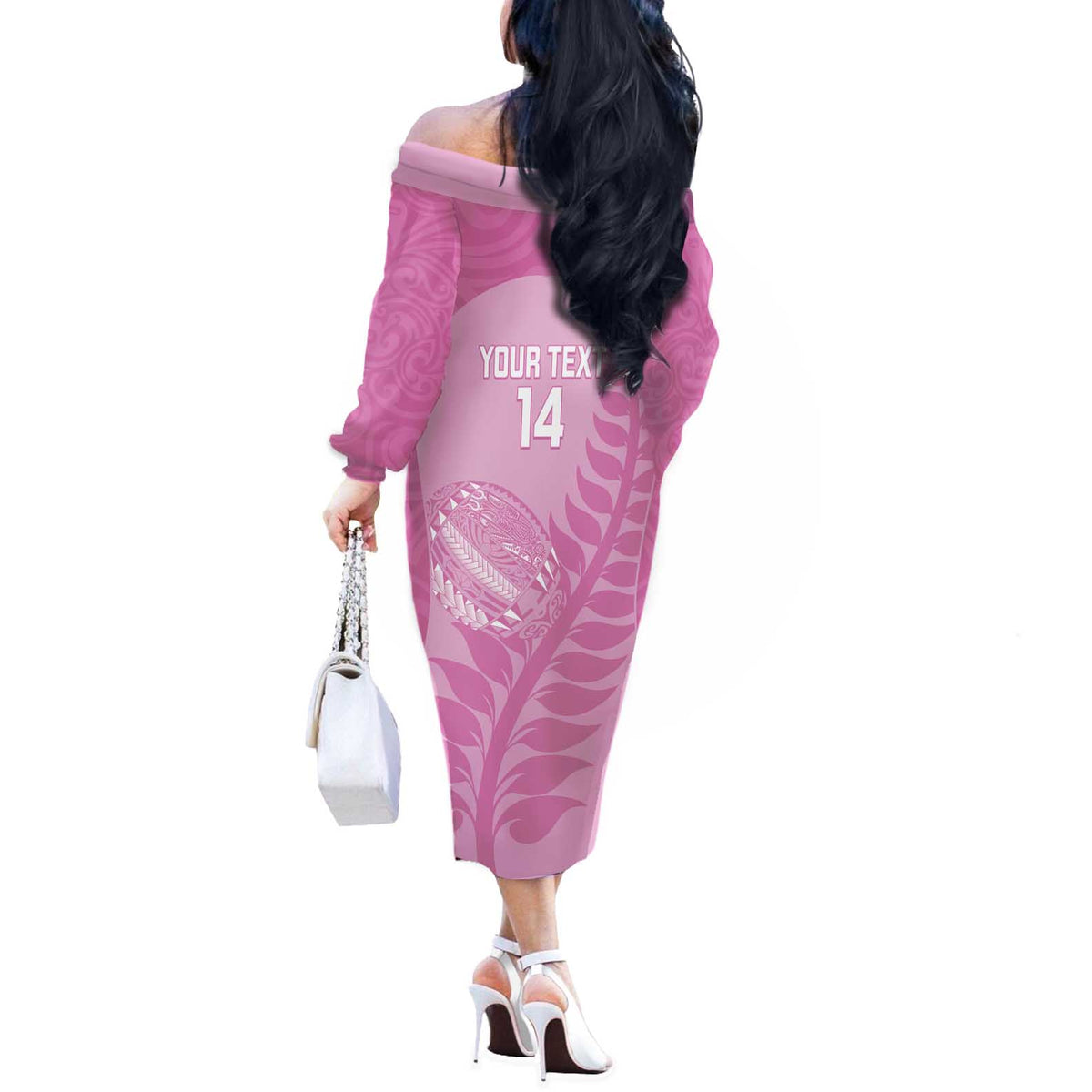 Custom New Zealand Silver Fern Rugby 2025 Off The Shoulder Long Sleeve Dress All Black Aotearoa Maori Pink LT14 - Polynesian Pride